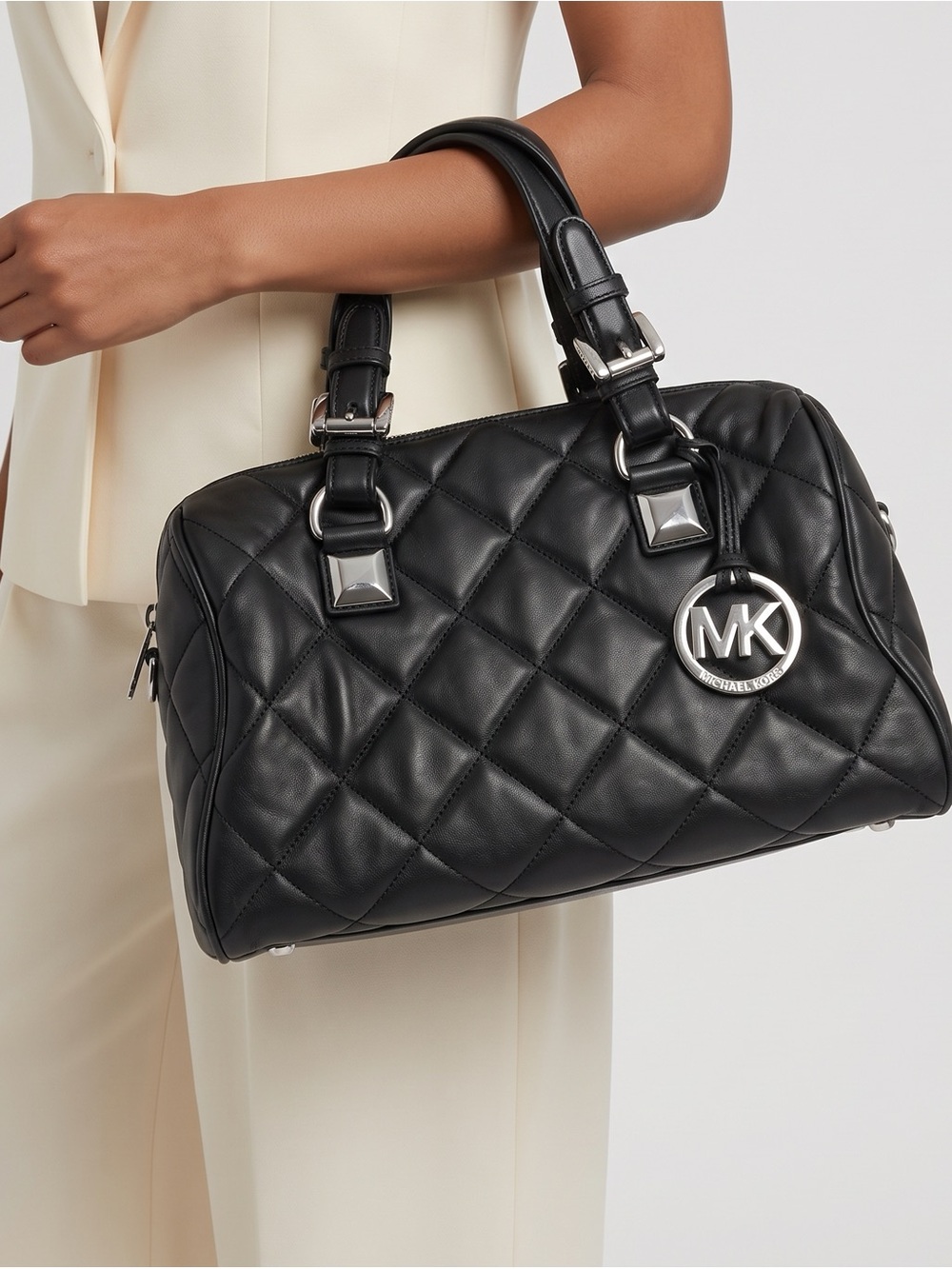 Michael Kors Black Quilted Leather Satchel with MK Charm